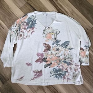 J. Jill Floral V-neck Knit Top with 3/4 Length Sleeves Women's Size Large